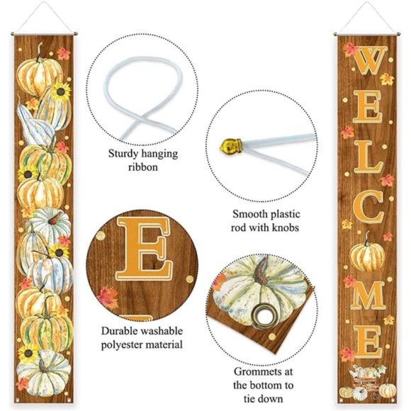 Welcome Fall Porch Decorations Door Hanging Banners Polyester 11.8x70.9",  2PCS - Picture 3 of 4